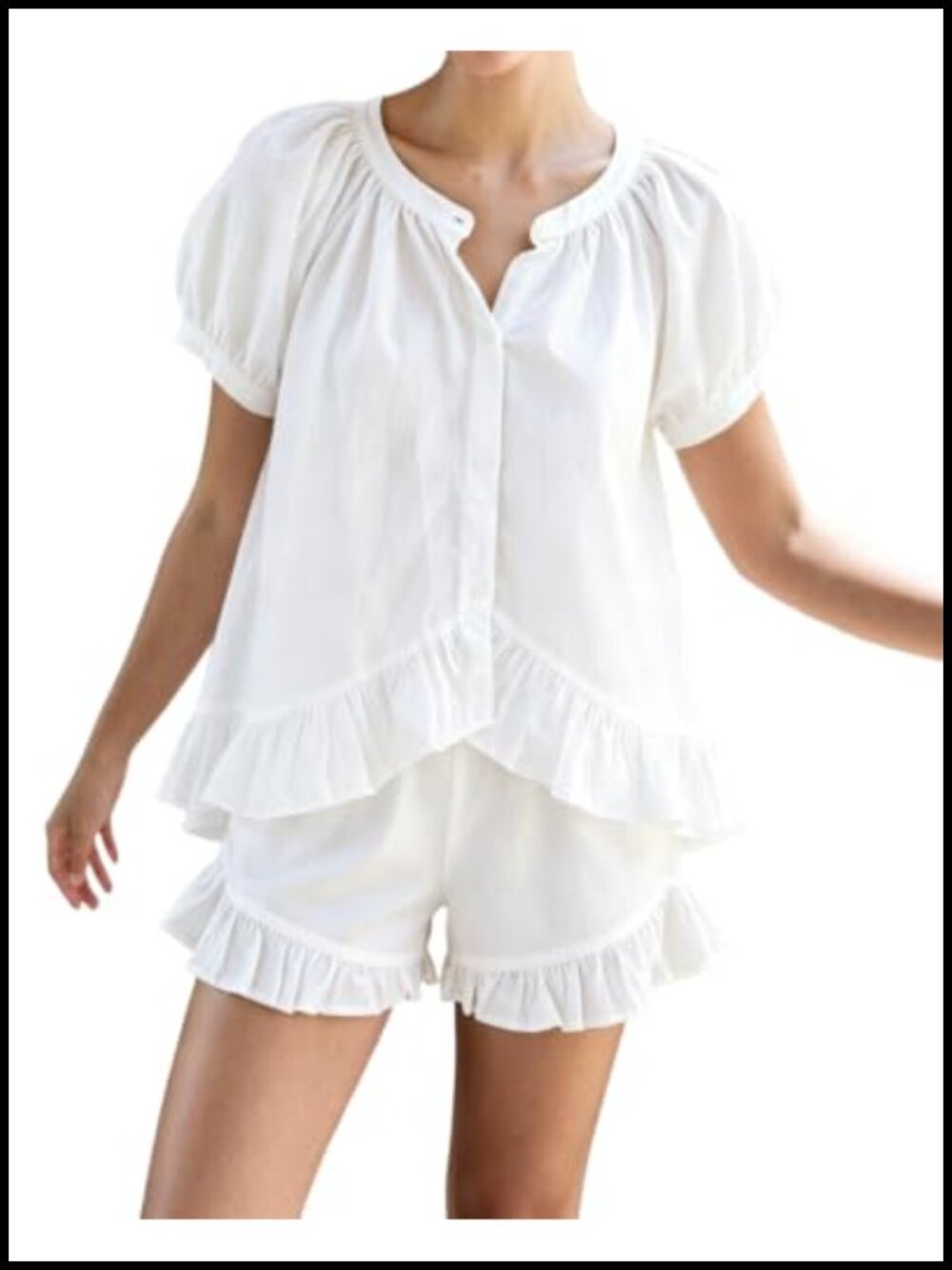 100% Cotton Ruffle Pajama Set Short Sleeve Button Down Shorts Sleepwear